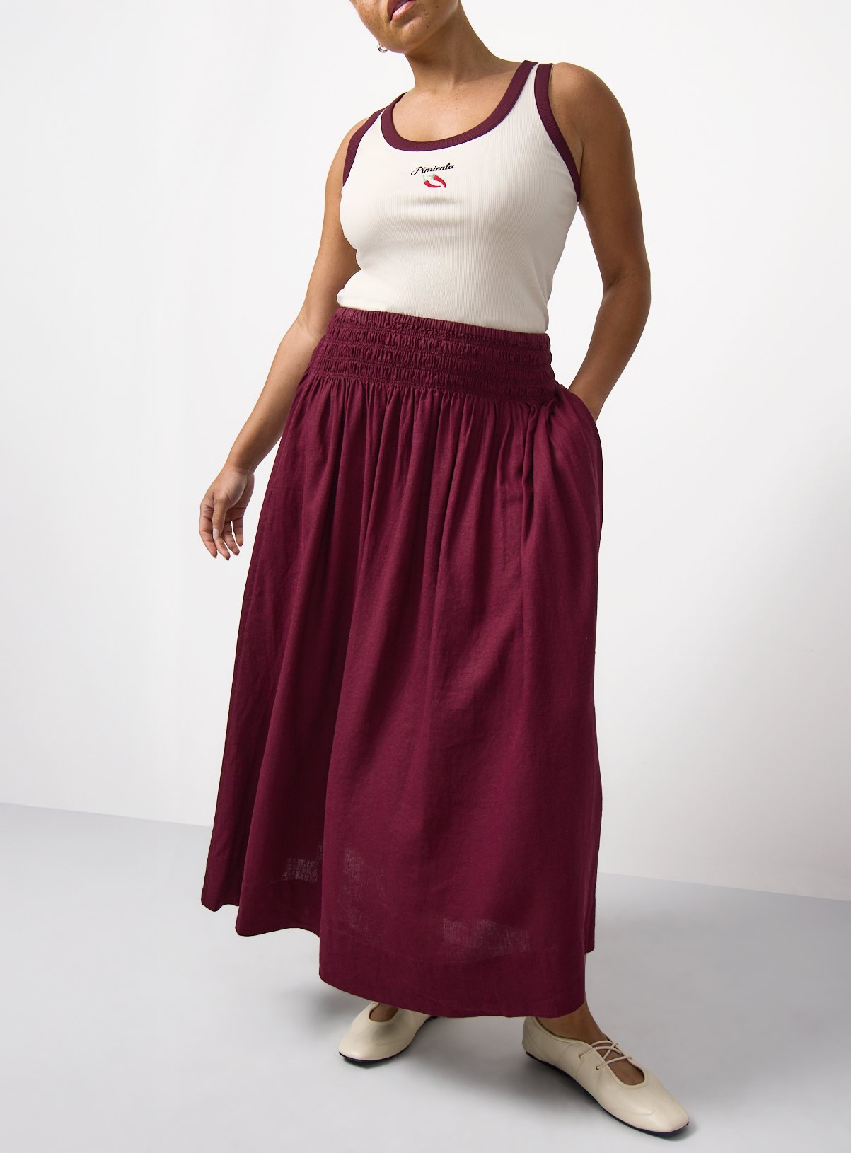 Dark Red Linen Rich Shirred Waist Midaxi Skirt 16 - Image 1 thumbnail